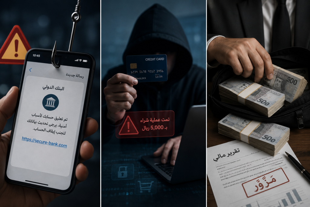 صورة توضح أساليب الاحتيال المالي الإلكتروني وسرقة البيانات البنكية والاحتيال عبر الإنترنت في السعودية.